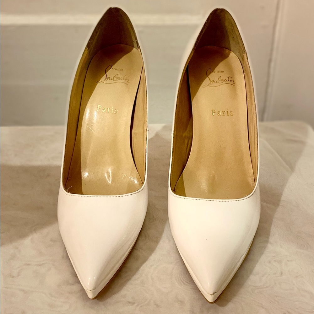White Christian Louboutin Pigalle Plato Patent Leather Platform Heels Size 42